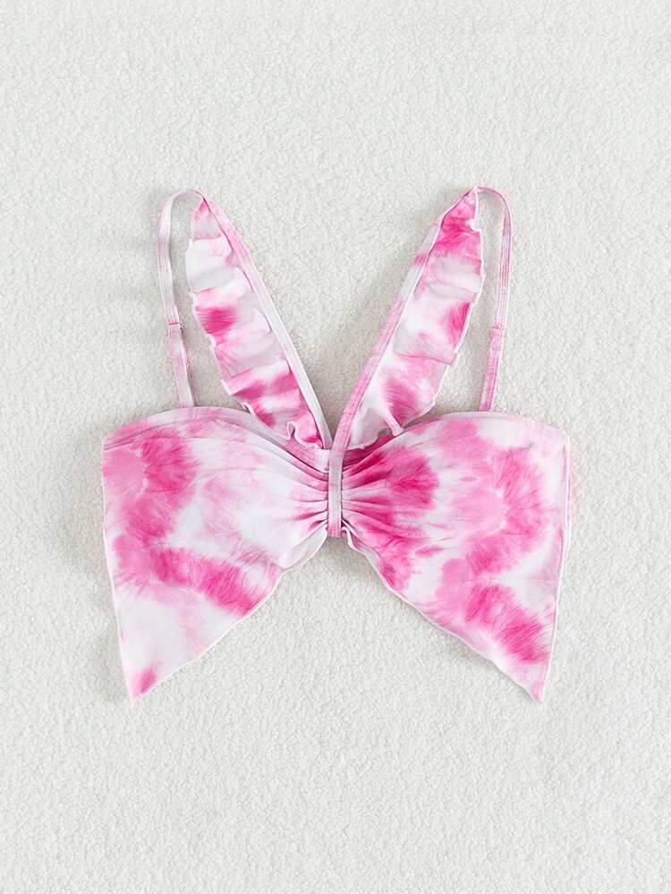 Tie Dye Swimwear Top With Ruffled Trim Summer