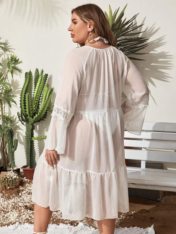 Plus Size Women's Lace Patchwork Hollow Out Cover Up Dress Summer