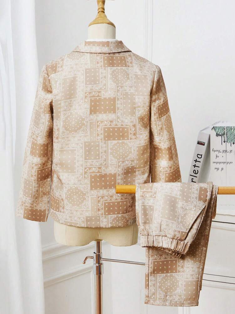 Tween Boys' Elegant Turn-Down Collar Suit With Printed Long Pants, 2pcs/Set
