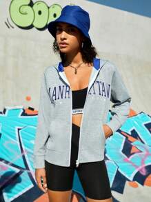 Streetz SHEIN Sport Text Printed Zipper Hooded Sports Sweatshirt - Grey - View 3