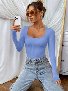 SHEIN EZwear 女款純色長袖修身圓領T恤 - 淺藍色 - 查看 5