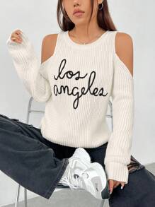 SHEIN EZwear Women's Open Shoulder Sweater With Letter Embroidery - White - View 3