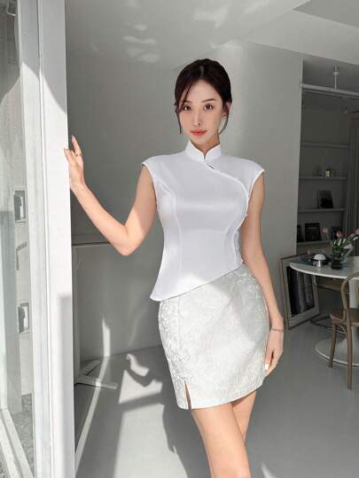 EastFlair Women's Solid Colored Mandarin Collar Asymmetrical Neckline Shirt