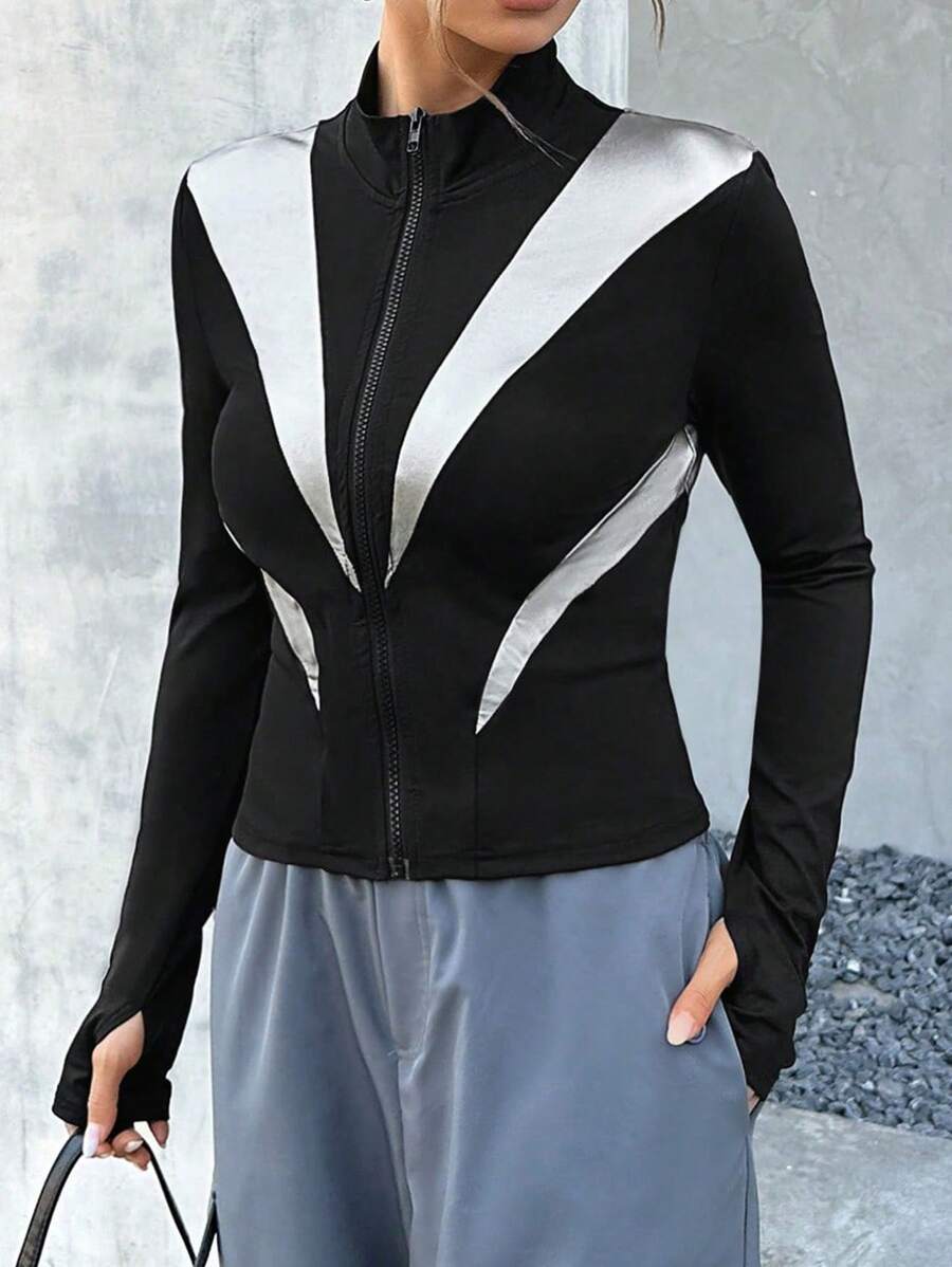 SHEIN EZwear Colorblock Zip Up Thumbholes Slim Fit Jacket - Silver - View 1