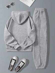 SHEIN Unity 女士簡約純色連帽衛衣和運動長褲套裝 - 灰色 - 查看 2