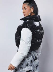 SHEIN Haute Colorblock Zip Up Padded Coat - Black and White - View 2