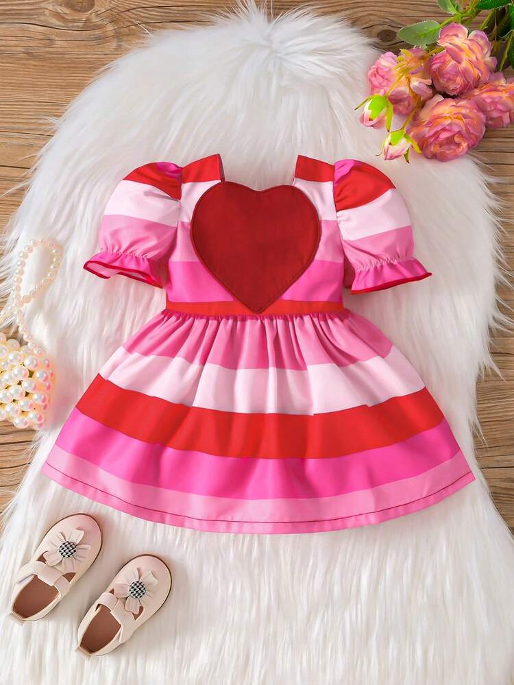 Baby Girls' Fashionable Striped And Love Pattern Puff Sleeve Dress, Simple And Cute Dress For Valentine'S Day Spring And Summer