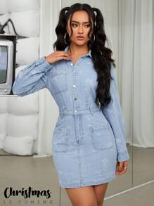 SHEIN ICON 女士提花水洗長袖牛仔連衣裙 - 中等水洗藍 - 查看 6