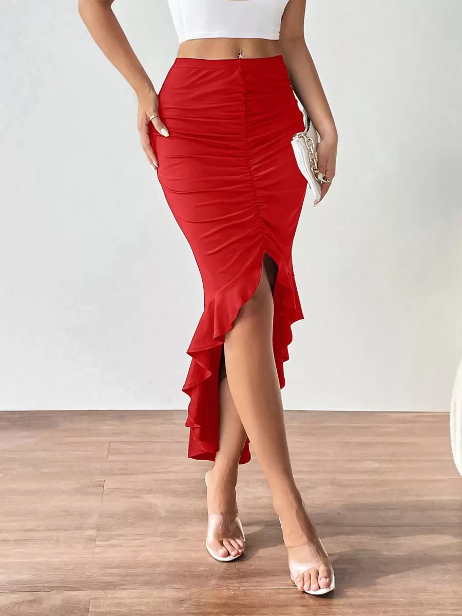 Firerie Asymmetrical Hem Pleated Skirt With Ruffle Hem Design