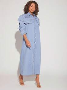 Denimoi Puff Sleeve Button Front Denim Dress - Blue - View 5