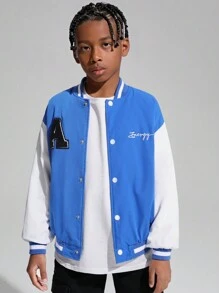 SHEIN Tween Boys' Casual Letter Patch Thermal Lined Baseball Collar Cardigan Thick Warm Woven Jacket - Blue - View 3