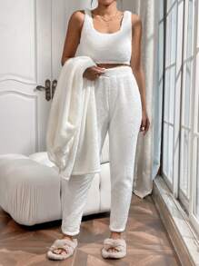 SHEIN Essnce 絨毛素色背心上衣和褲子&開門襟外套 - 白色 - 查看 4