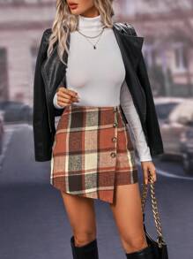 SHEIN Essnce 女士格子不对称下摆短裙 - 橘色 - 查看 1