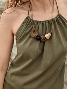 Bohemela Women's Solid Color Waist Belt & Halter Neck Swing Dress - Army Green - View 9