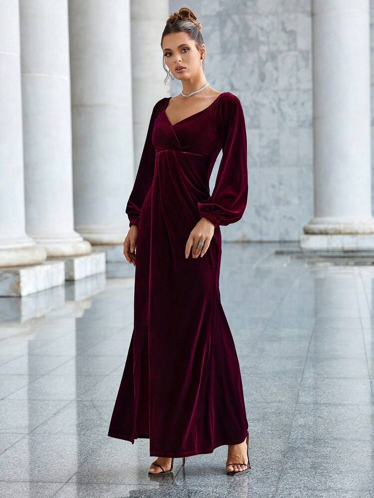 Women's Sweetheart Neckline Lantern Sleeve Dress With Split Hem