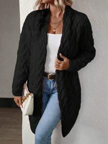 Arave Stickad svart kofta för kvinnor, Damer, Senhöst Casual Kabelstickad Drop Shoulder Lös Svart Enfärgad Damkofta,Casual Daily Wear,Tröjor med trekvartsärmar - Svart - Visa 6