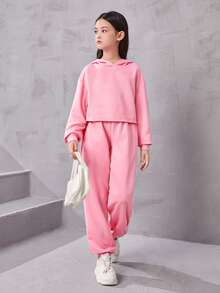 SHEIN Toddler Girls' Knit Round Neck Long Sleeve Hooded Sweatshirt And Pants Set For Casual Wear - Baby Pink - View 5