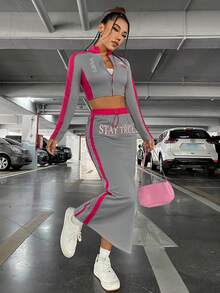 SHEIN PETITE Conjunto De Top Corto Y Falda Para Mujer Con Impresión De Letras Y Bloque De Color - Multicolor - Ver 3