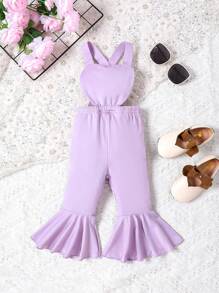 Baby Girls' Solid Color Suspender Jumpsuit With Heart Applique - Purple - View 1