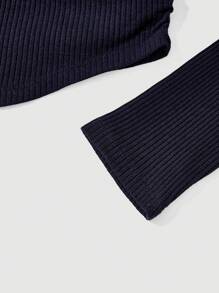 SHEIN MOD Women's Drawstring Side Ruffle Round Neck Long Sleeve Summer T-Shirt - Navy Blue - View 3