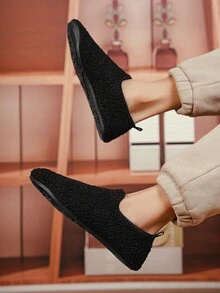 男款簡約純色毛絨室內拖鞋 - 黑色 - 查看 3