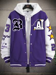 Manfinity EMRG Loose Men's Color Block Letter Print Baseball Jacket - Purple - View 2