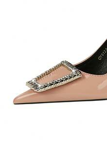 European And American Style Patent Leather High Heels For Women, Pointed Toe With Metal Decor & Large Rhinestone Buckle For Banquet - Apricot - View 6