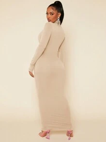 SHEIN SXY 高領長袖緊身連衣裙 - 杏色 - 查看 3