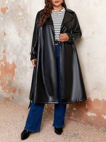 SHEIN Franclia 大尺碼中長款外套,附腰帶 - 黑色 - 查看 3