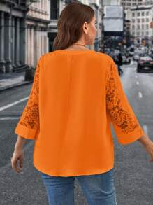 SHEIN Clasi Blusa Naranja De Talla Grande Con Cuello En V De Muesca Para Mujer - Naranja - Ver 2