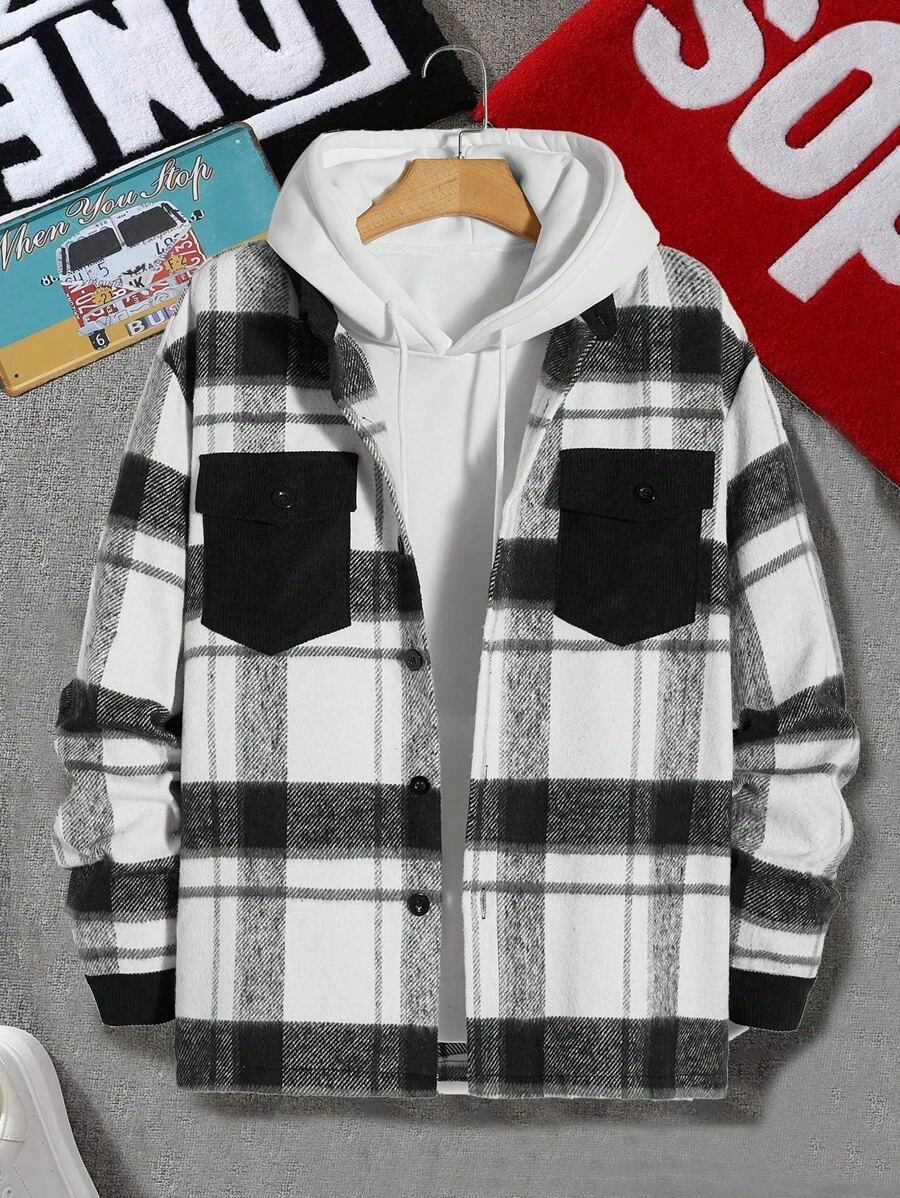 Manfinity Hypemode Men's Loose Fit Plaid Print Shacket Without Hoodie With Patch Pockets - Black and White - View 1