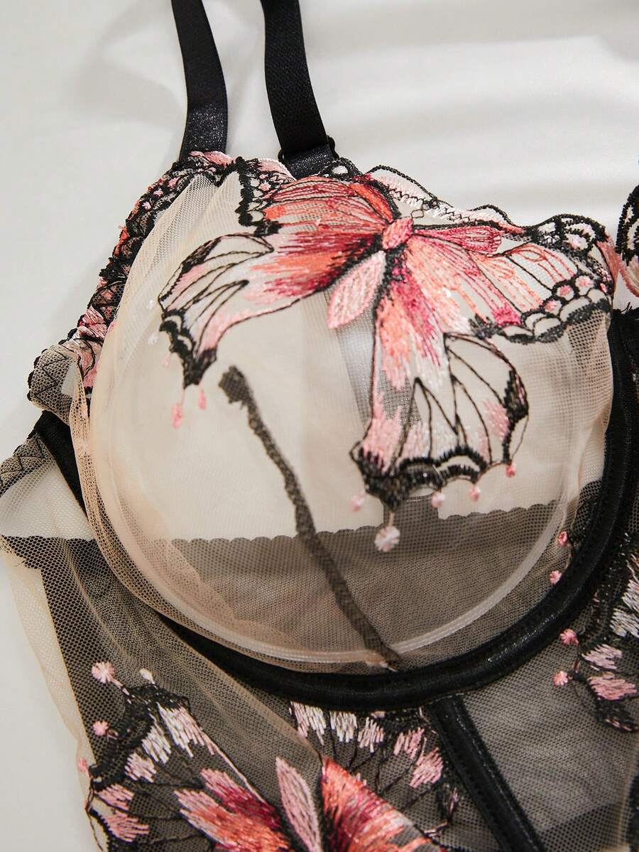 Plus Size Romantic Butterfly Embroidered Mesh Bra And Panty Set SHEIN USA