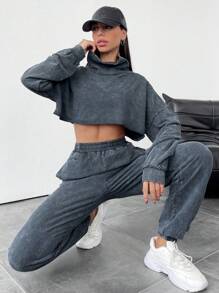 EURMUSE Solid Color Stand Collar Drop Shoulder Cropped Top And Straight Pants - Multicolor - View 4