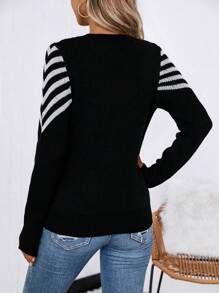 SHEIN LUNE Women's Striped Long Sleeve Sweater - Black - View 2