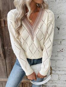 SHEIN LUNE 刺繡拼接空心針織衫 - 白色 - 查看 5