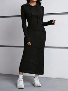 SHEIN EZwear Ladies' Solid Color Drawstring Hoodie Long Dress - Black - View 1