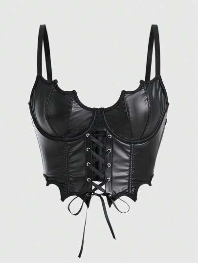 ROMWE Goth 女士纯色镂空系带钢圈PU蝙蝠袖露脐上衣