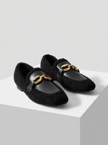 MOTF PREMIUM CHAIN DECOR WOMEN'S FLAT HEEL SHOES WITH FURRY DECORATION - Black - View 9