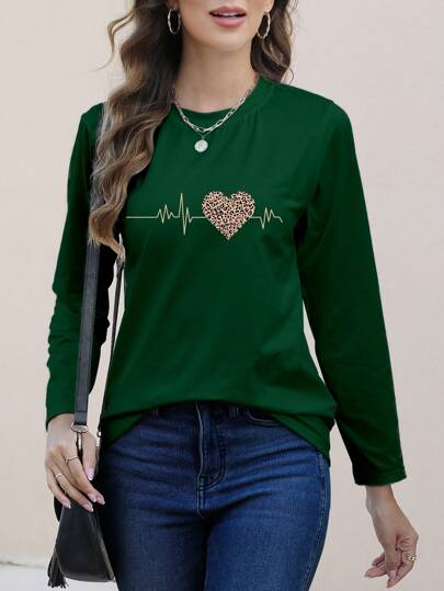 INAWLY Camiseta con estampado de leopardo en forma de corazón para mujer, blusas con estampado de guepardo para mujeres