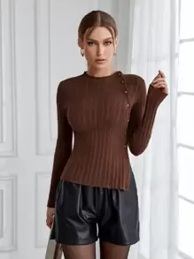SHEIN Privé Suéter De Botones De Un Solo Color - Marrón - Ver 4