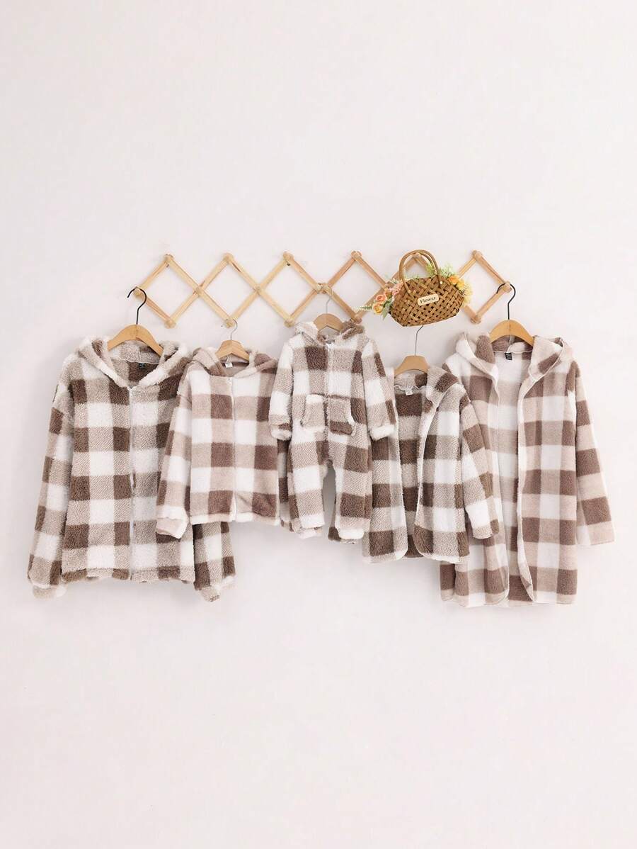 Boys' Plaid Fleece Hooded Long Sleeve Zipper Coat, Fall And Winter Family Matching Outfits Mommy And Me (each Item Sold Separately, 5 Items In Total) - Multicolor - View 1