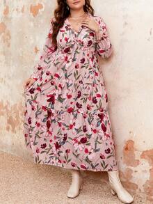 SHEIN Franclia Kích thước lớn Của phụ nữ In hoa Nhiều lớp Xù Hoa Sen Đầm - Nhiều màu - Xem 5