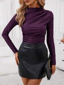 SHEIN Clasi Ladies' Long Sleeve T-Shirt With Pleats Asymmetrical Top