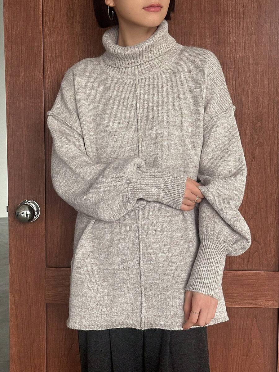 FRIFUL Women's Turtleneck Drop Shoulder Sweater - Apricot - View 1