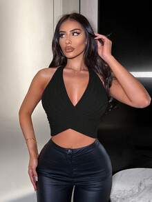 SHEIN SXY 女款純色掛脖交叉針織上衣 - 黑色 - 查看 5