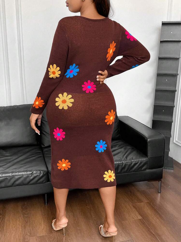 Women's Plus Size Floral Patterned Sweater Dress With Large Round Neckline Fall Cloth For Women