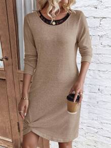 SHEIN LUNE 女性雙層荷葉邊休閒連衣裙 - 杏色 - 查看 3