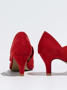 秋冬女士尖头镂空高跟一脚蹬鞋，配有松紧带，适合日常穿着，优雅，猫跟，派对鞋 - 紅色 - 查看 8