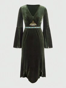 ROMWE Hippie Moth Embroidered Bohemian Dress - Army Green - View 1