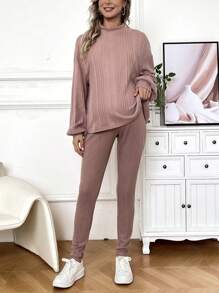 SHEIN Tricou cu umăr căzut și pantaloni cu talie reglabilă pentru maternitate, guler în picioare, 2 buc/set